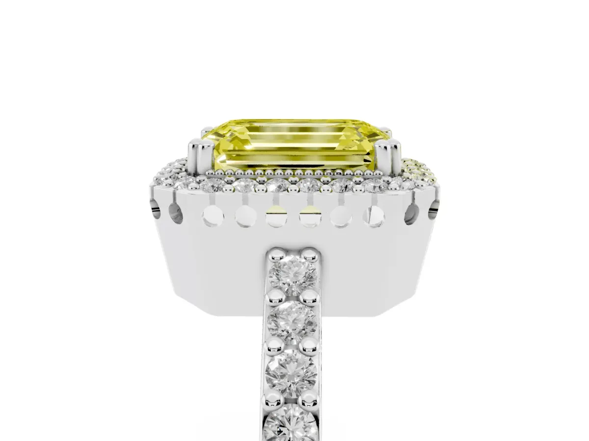 Fancy Yellow Emerald Cut Cut Diamond Halo Engagement Ring with Milgrain Detail and Pavé Band Silver