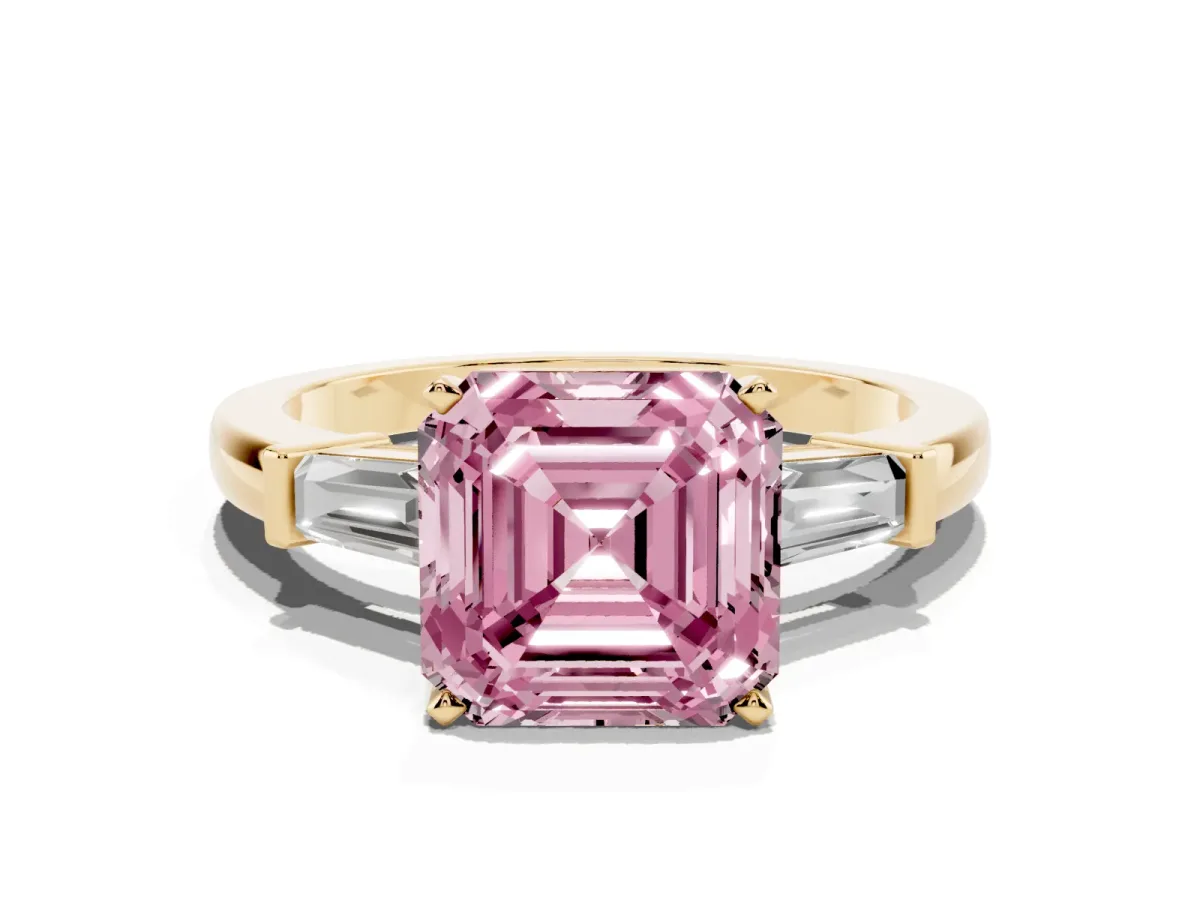 Fancy Pink Asscher Cut Cut Diamond Solitaire Ring with Tapered Baguette Accents and Four-Prong Setting Yellow gold