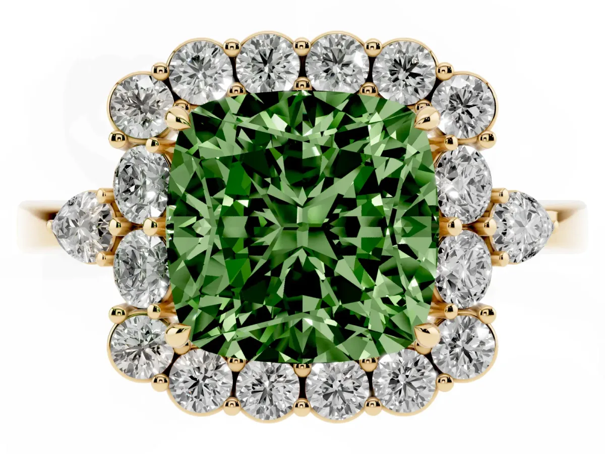 Fancy Green Cushion Cut Diamond Halo Ring with Pear Side Stones and Prong Setting Yellow gold