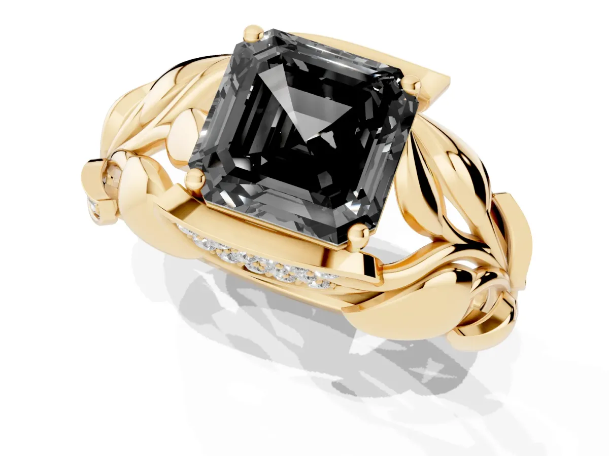 Fancy Black Asscher Cut Diamond Leaf-Inspired Engagement Ring with Round Accents and Prong Setting Yellow gold