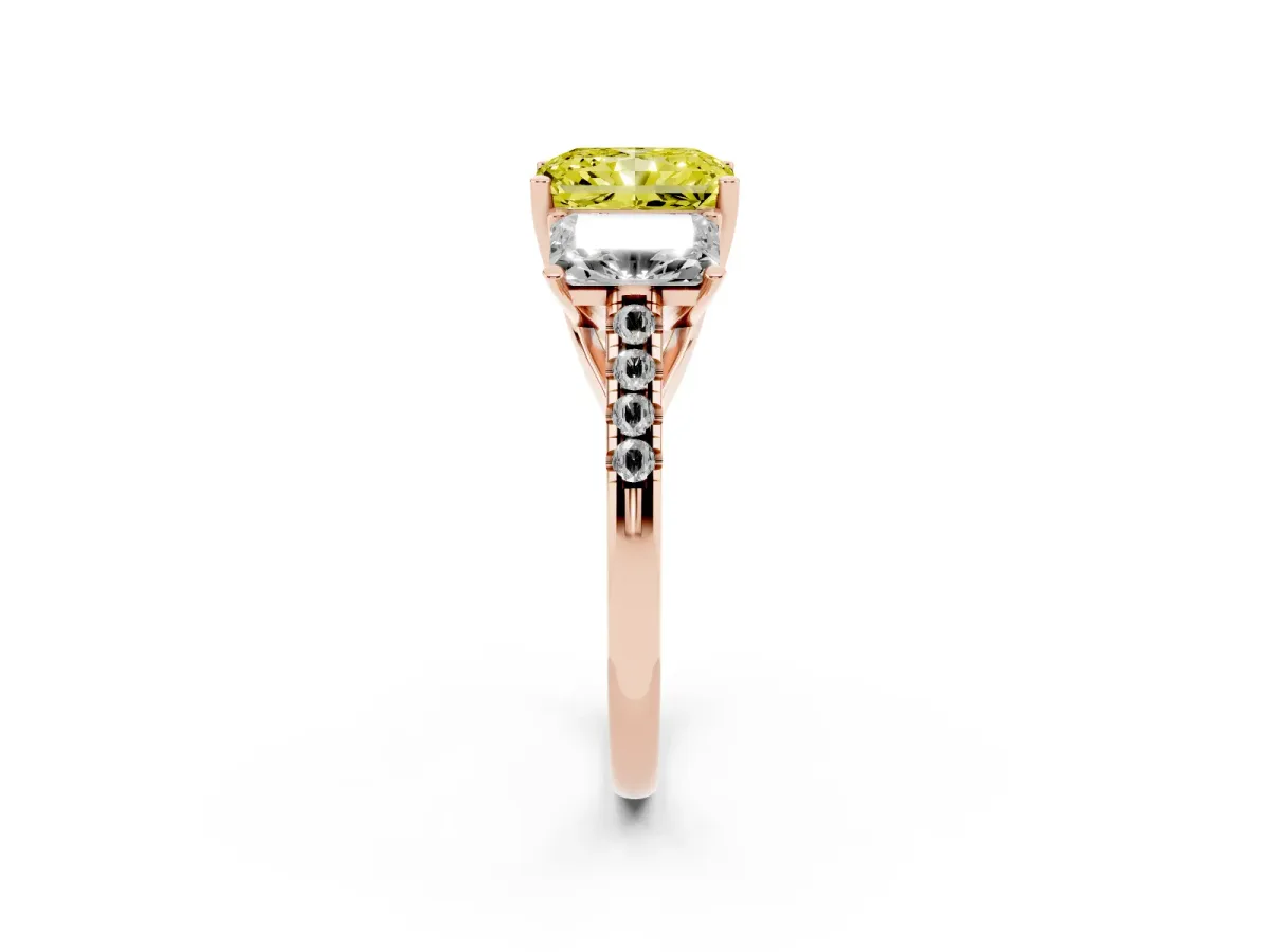 Fancy Yellow Three-Stone Radiant Cut Diamond Ring with Round Pavé Band and Prong Setting Rose gold