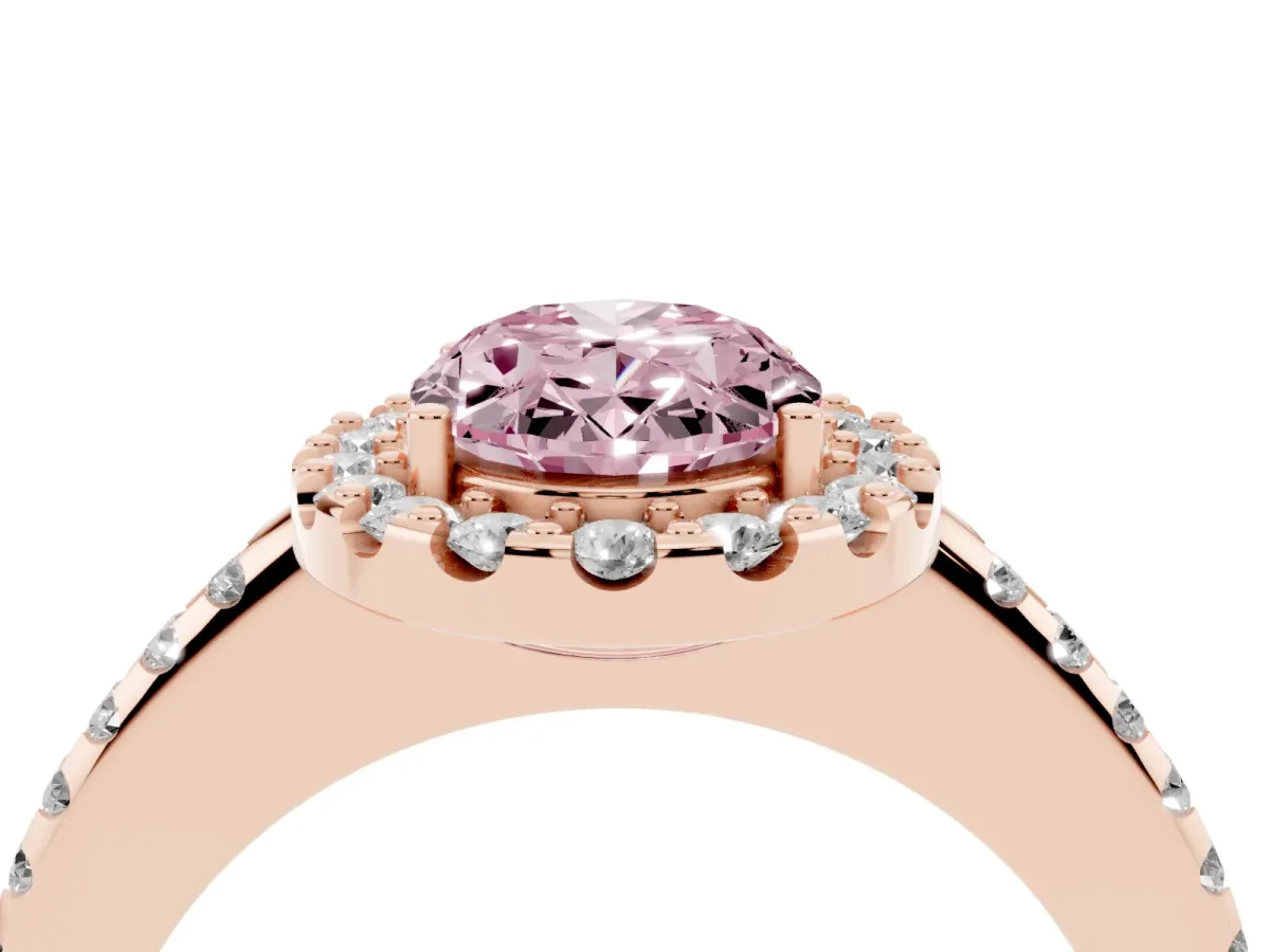 Fancy Pink Oval Cut Diamond Pavé Halo Ring with Four-Prong Setting Rose gold