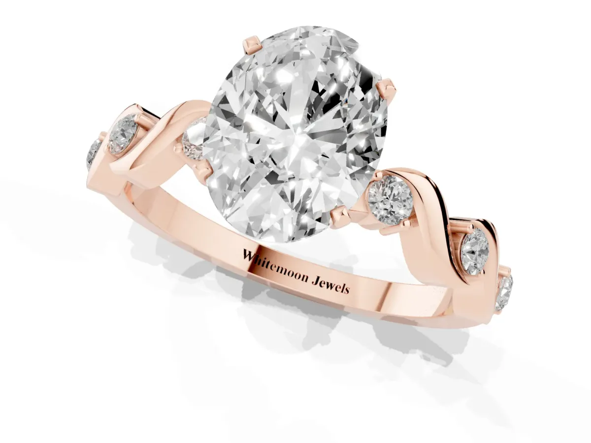 Oval Cut Diamond Solitaire Twisted Band with Round Accents and Prong Setting Rose gold
