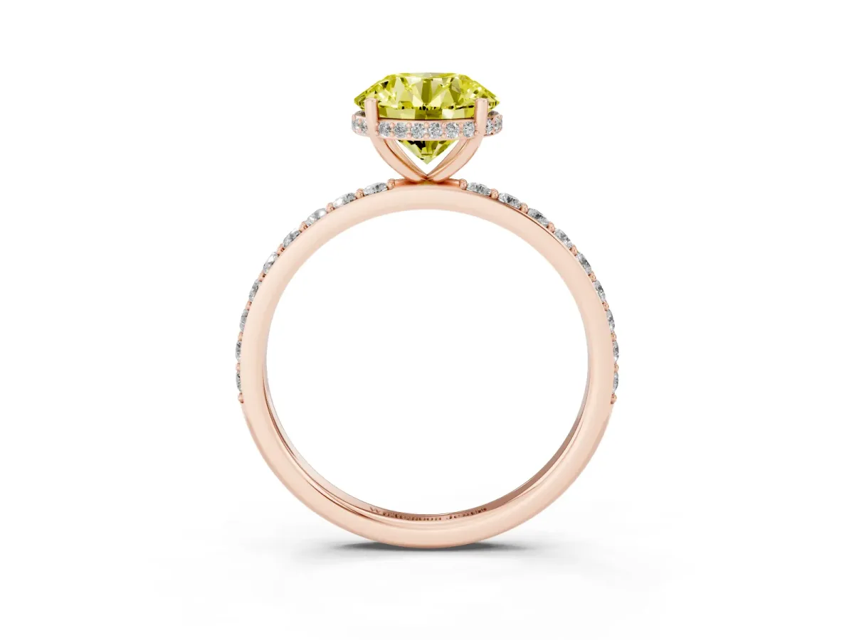 Fancy Yellow Round Cut Diamond Solitaire Ring with Pavé Band and Hidden Halo Rose gold