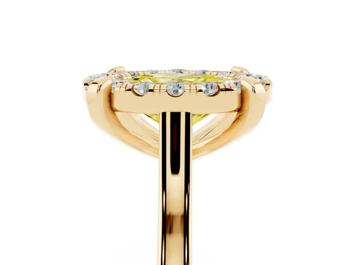 Fancy Yellow Oval Cut Diamond Cluster Halo Solitaire with Four-Prong Setting Yellow gold