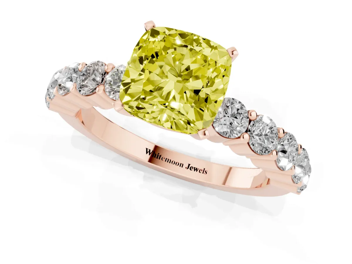 Fancy Yellow Cushion Cut Diamond Solitaire Ring with Shared Prong Round Side Stones Rose gold