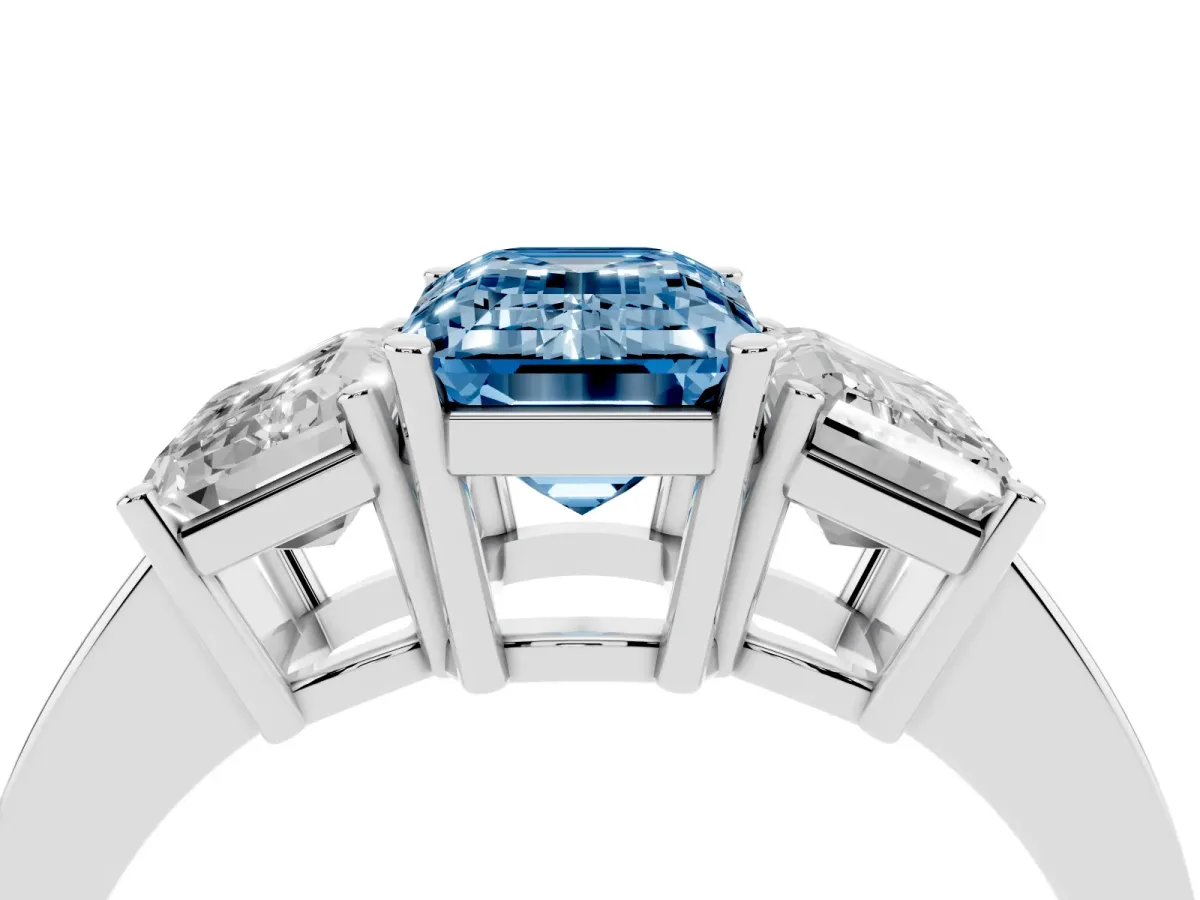 Fancy Blue Three-Stone Emerald Cut Cut Diamond Engagement Ring with Flat Band and Four-Prong Setting Platinum