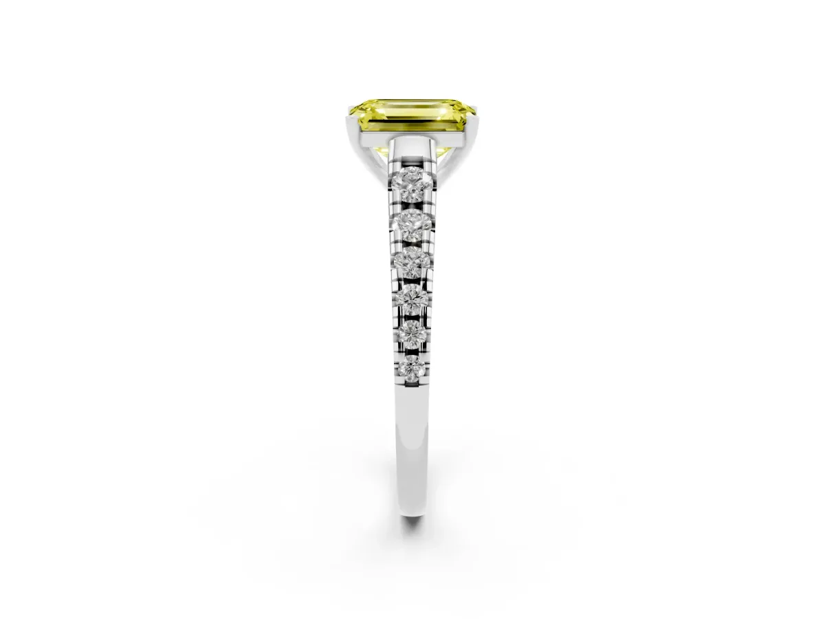 Fancy Yellow Emerald Cut Diamond Cathedral Solitaire Ring with Round Pavé Band Silver