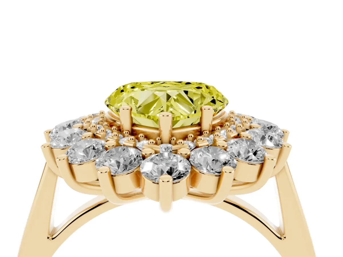 Fancy Yellow Heart Cut Diamond Floral Double Halo Engagement Ring with Prong Setting Yellow gold