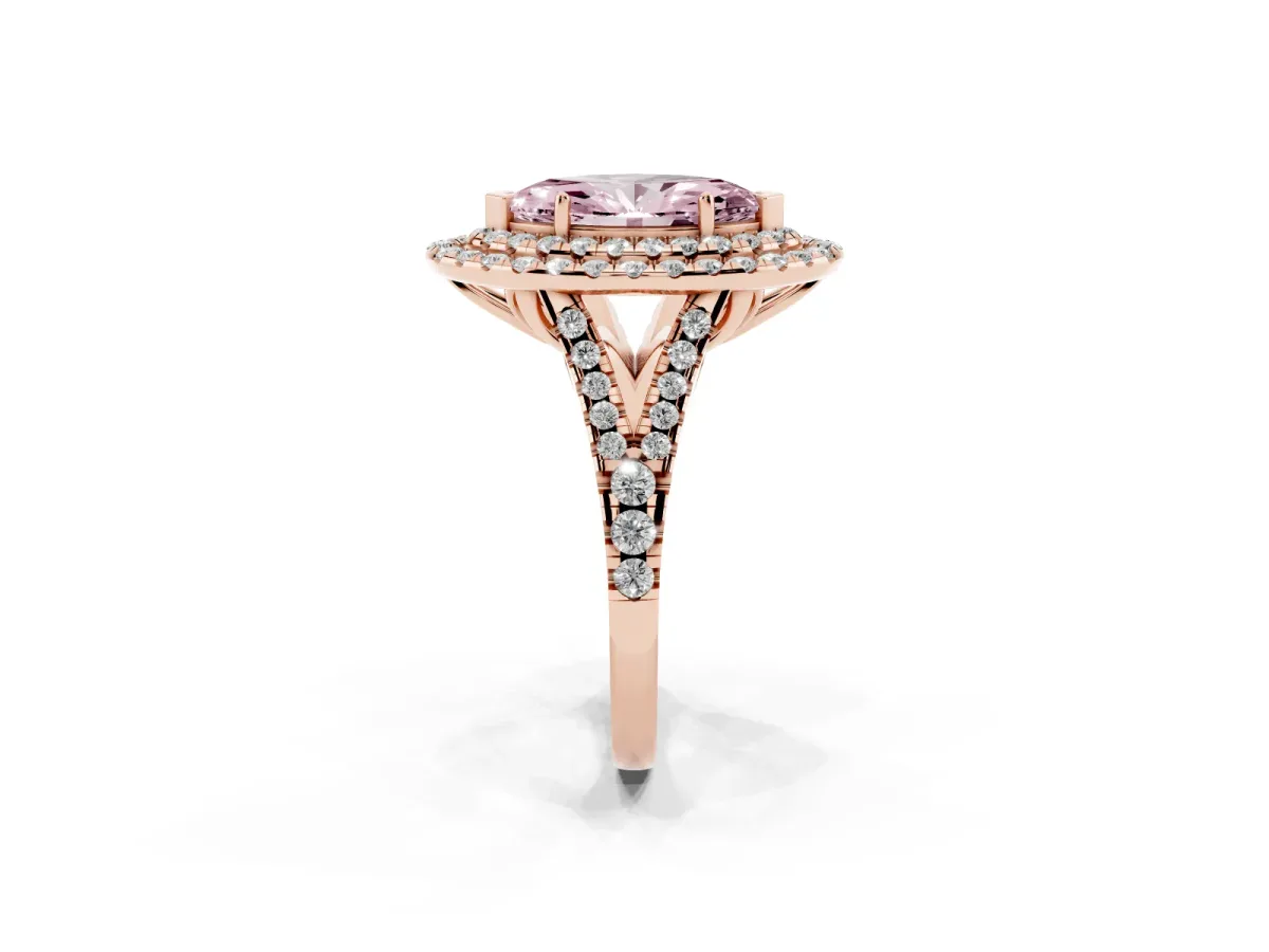 Fancy Pink Double Halo Marquise Cut Diamond Pavé Split Shank Ring with Prong Setting Rose gold