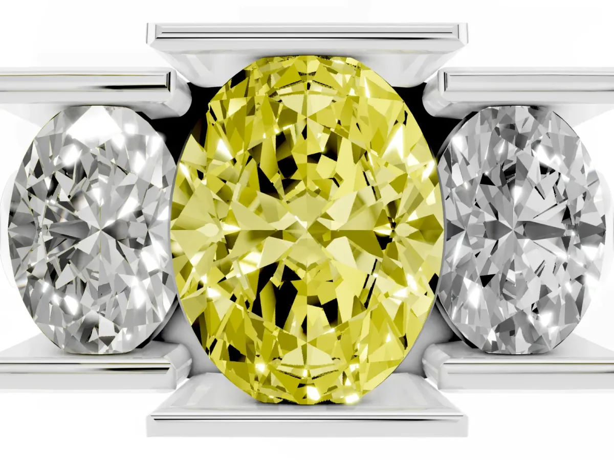 Fancy Yellow Three Stone Oval Cut Cut Channel Set Diamond Ring Platinum
