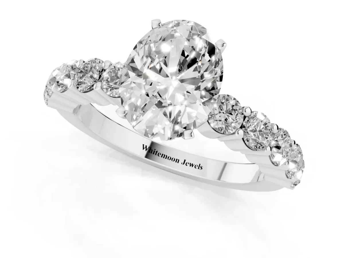 Oval Cut Diamond Solitaire Ring with Shared Prong Round Side Stones Silver