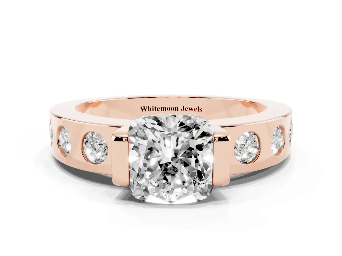 Cushion Cut Brilliant Channel-Set Diamond Ring with Bezel Prong Setting Rose gold