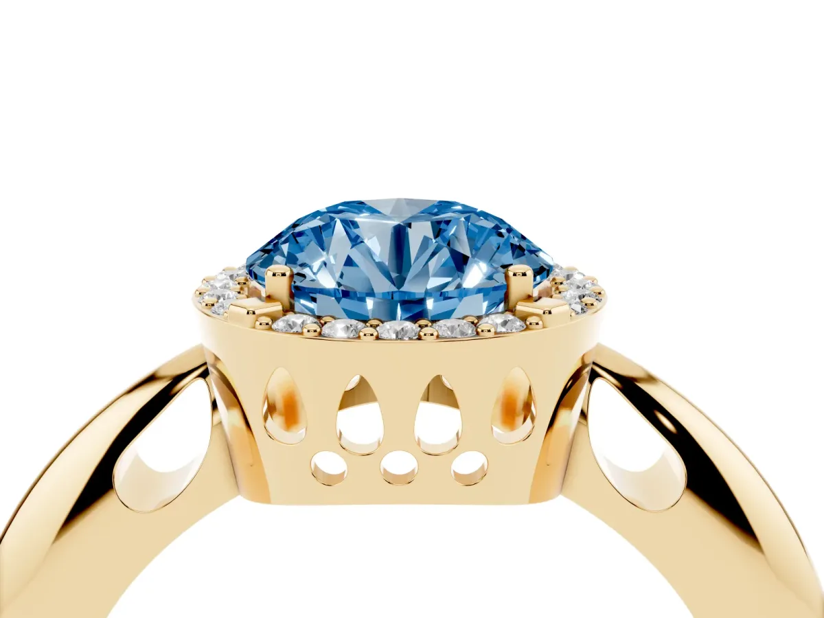 Fancy Blue Round Cut Cut Diamond Halo Engagement Ring with Split Shank and Four-Prong Setting Yellow gold