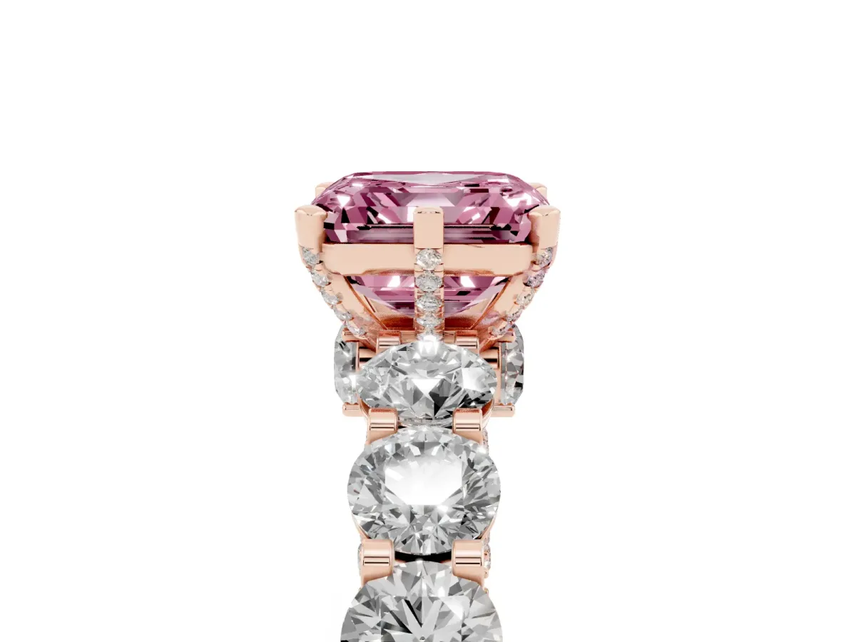 Fancy Pink Asscher Cut Diamond Side Stone Engagement Ring with Four-Prong Setting Rose gold