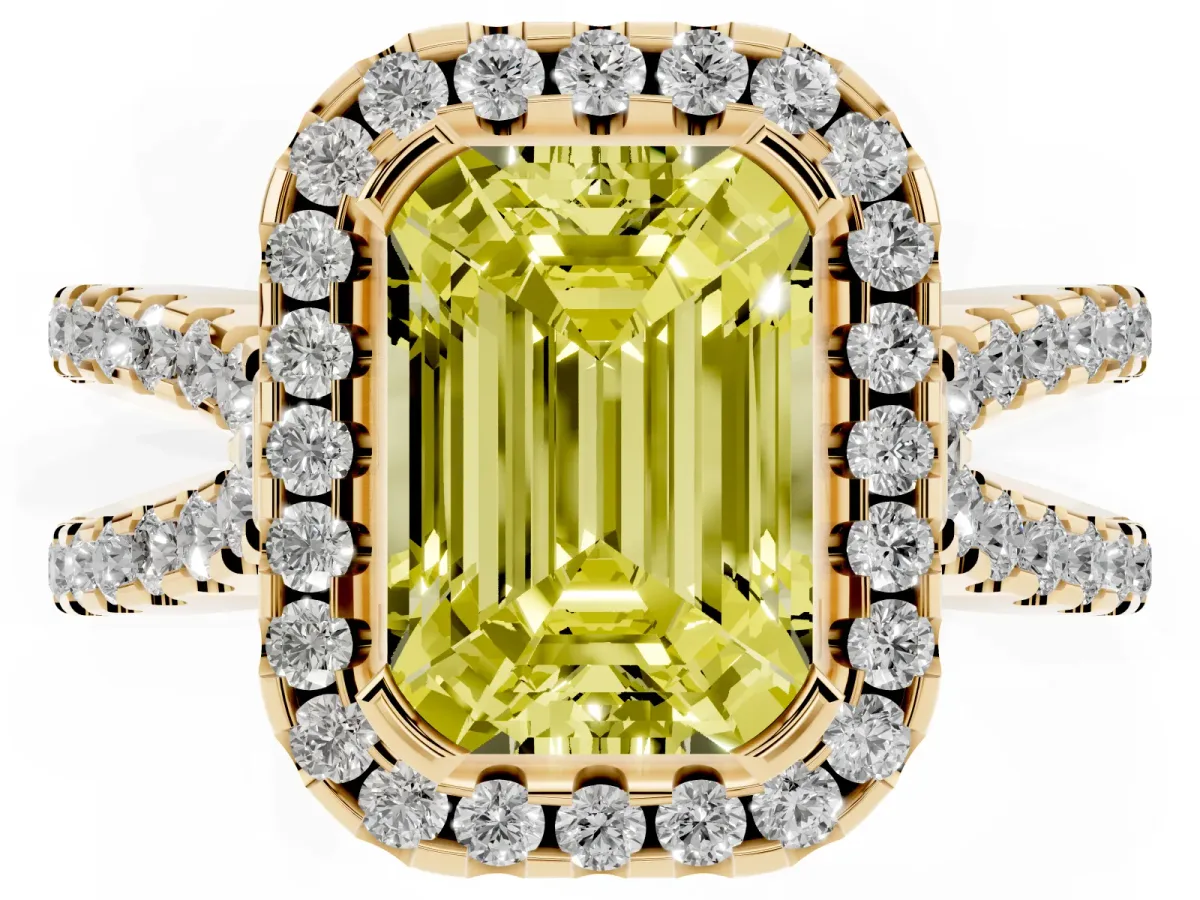 Fancy Yellow Emerald Cut Diamond Halo Ring with Split Shank Pavé Band and Prong Setting Yellow gold