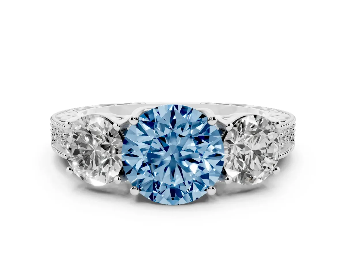 Fancy Blue Three-Stone Round Cut Cut Milgrain Pavé Engagement Ring Platinum