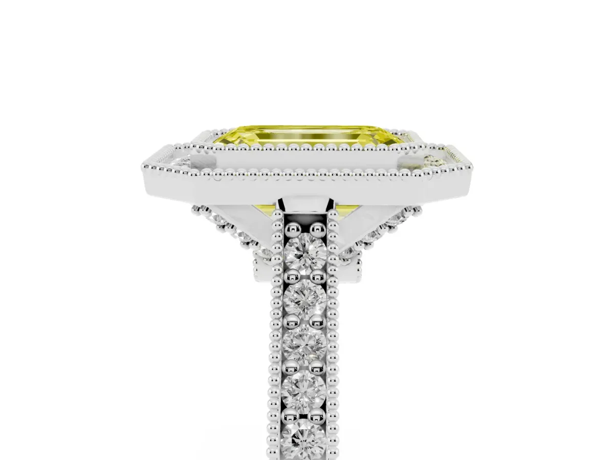 Fancy Yellow Halo Emerald Cut-Cut Diamond Pave Band Milgrain Prong Setting Ring Silver