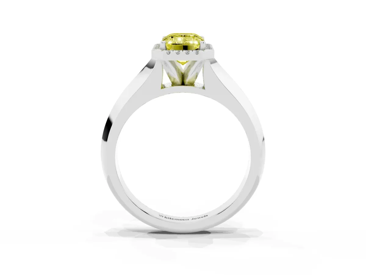 Fancy Yellow Emerald Cut Halo Diamond Ring with Cathedral Band and Four-Prong Setting White gold