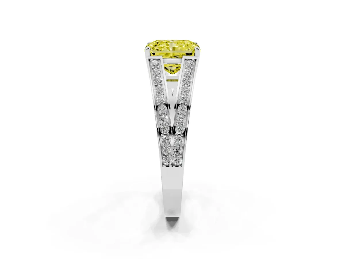 Fancy Yellow Radiant Cut Diamond Split Shank Ring with Pavé Band and Four-Prong Setting Platinum