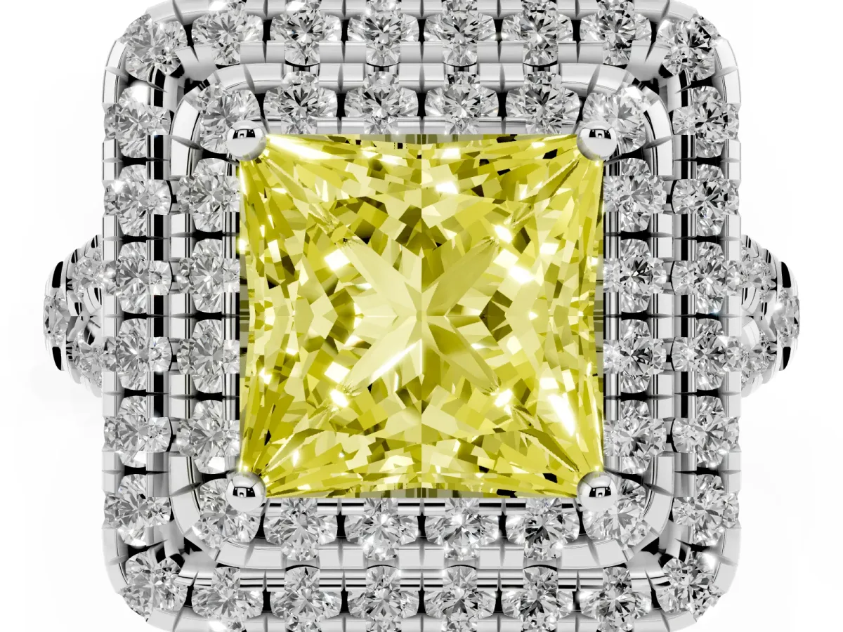 Fancy Yellow Double Halo Princess Cut Diamond Pavé Split Shank Ring with Prong Setting Silver