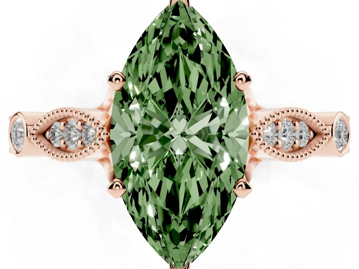 Fancy Green Marquise Cut Cut Diamond with Milgrain Marquise and Bezel Accents on a Solitaire Band with Prong Setting Rose gold