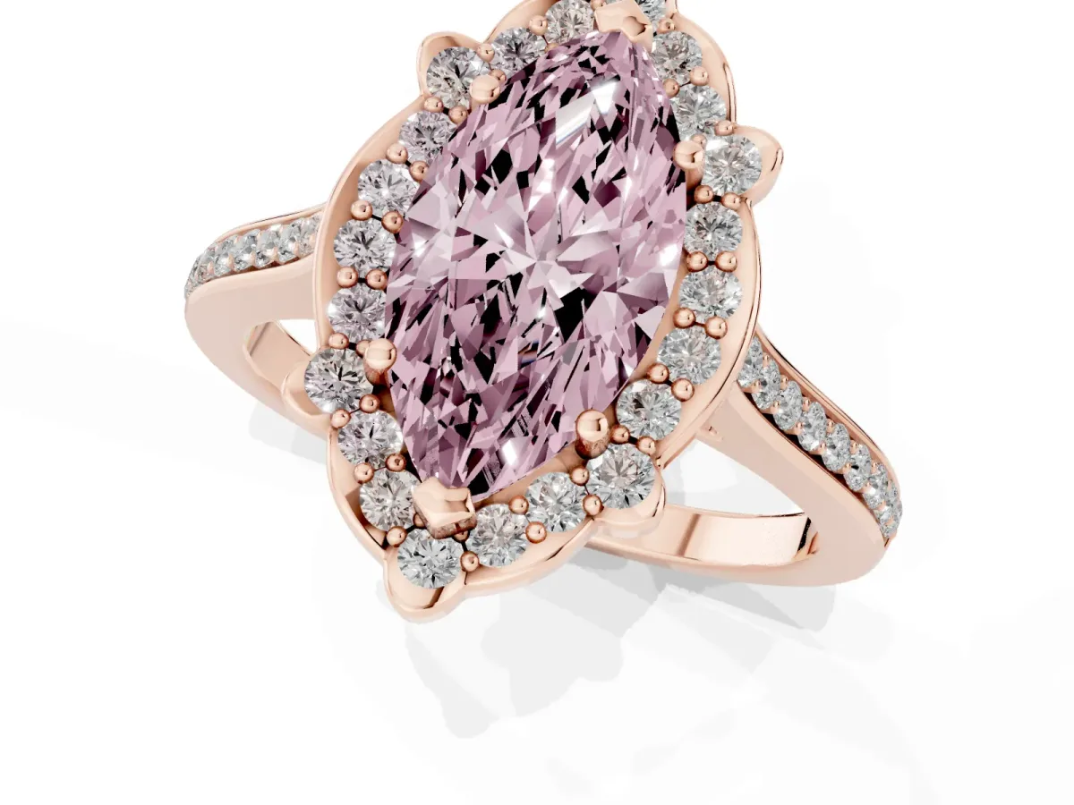Fancy Pink Marquise Cut Halo Round Diamond Pave Band with Four-Prong Setting Rose gold
