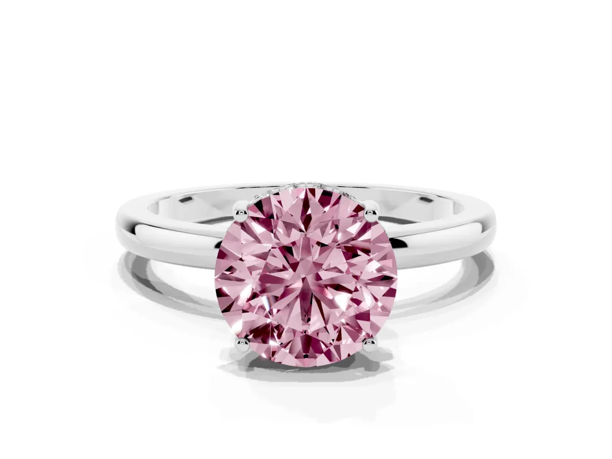 Fancy Pink Round Cut Solitaire Diamond Ring with Prong Setting and Plain Band Silver