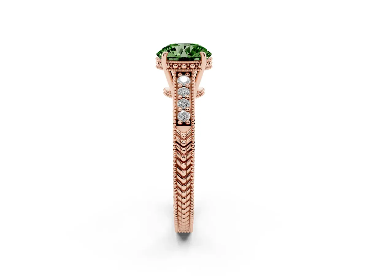 Fancy Green Round Cut Solitaire Pavé Diamond Milgrain Engagement Ring with Four-Prong Setting Rose gold