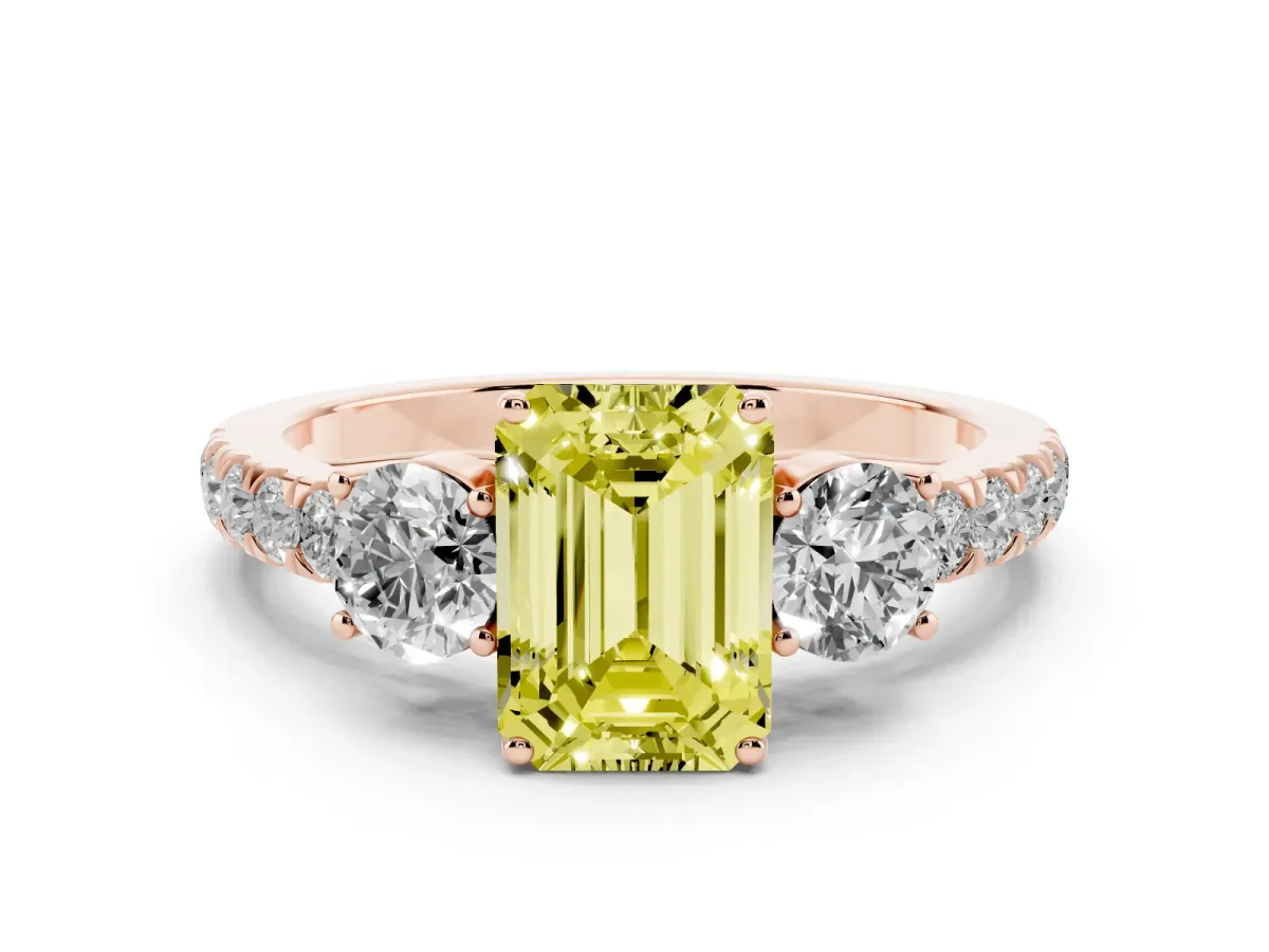 Fancy Yellow Emerald Cut Cut Diamond Three-Stone Ring with Round Side Stones and Pavé Band Rose gold
