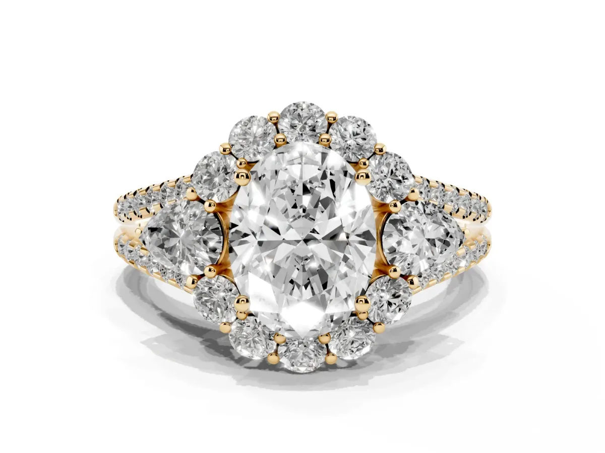 Oval Cut Halo Split Shank Diamond Engagement Ring with Prong Setting Yellow gold