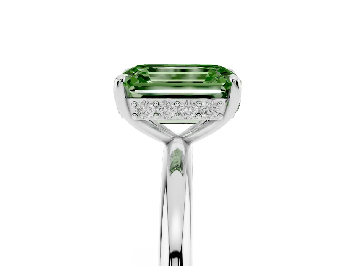 Fancy Green Emerald Cut Solitaire Diamond Ring with a Classic Band and Four-Prong Setting Silver