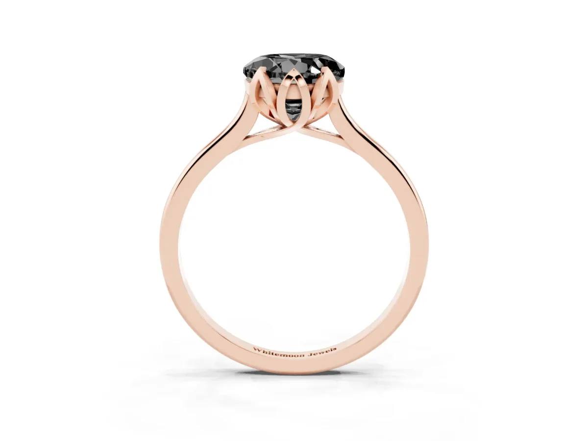 Fancy Black Round Cut Diamond Solitaire Ring with Flower Prong Setting and Classic Band Rose gold