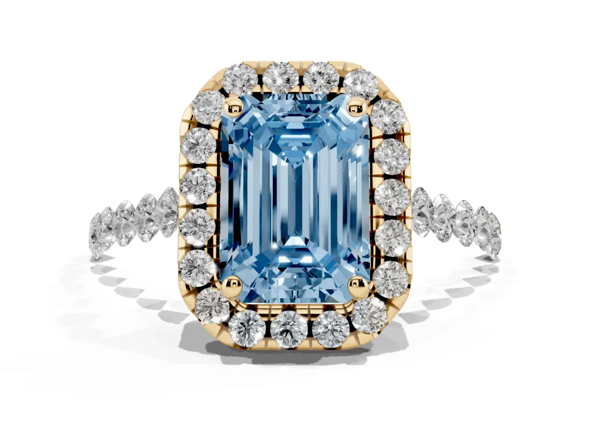Fancy Blue Emerald Cut Halo Pavé Diamond Engagement Ring with Four-Prong Setting Yellow gold