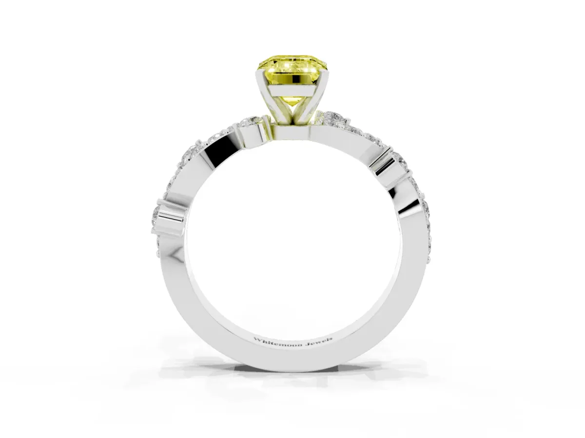 Fancy Yellow Emerald Cut Cut Solitaire Diamond Twisted Band with Pave Setting Silver