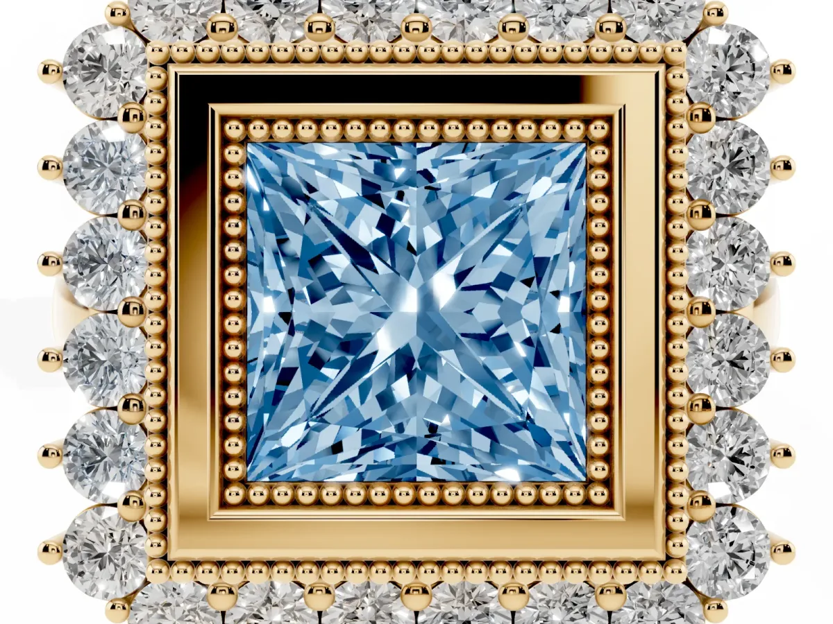 Fancy Blue Princess Cut Halo Diamond Ring with Milgrain Edge and Round Prong Setting Yellow gold