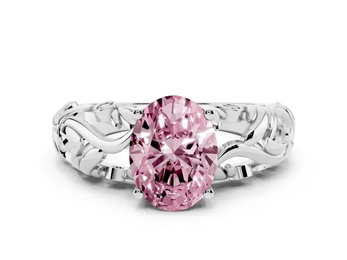 Fancy Pink Oval Cut Solitaire Diamond Leaf-Inspired Vine Band Ring with Prong Setting Silver