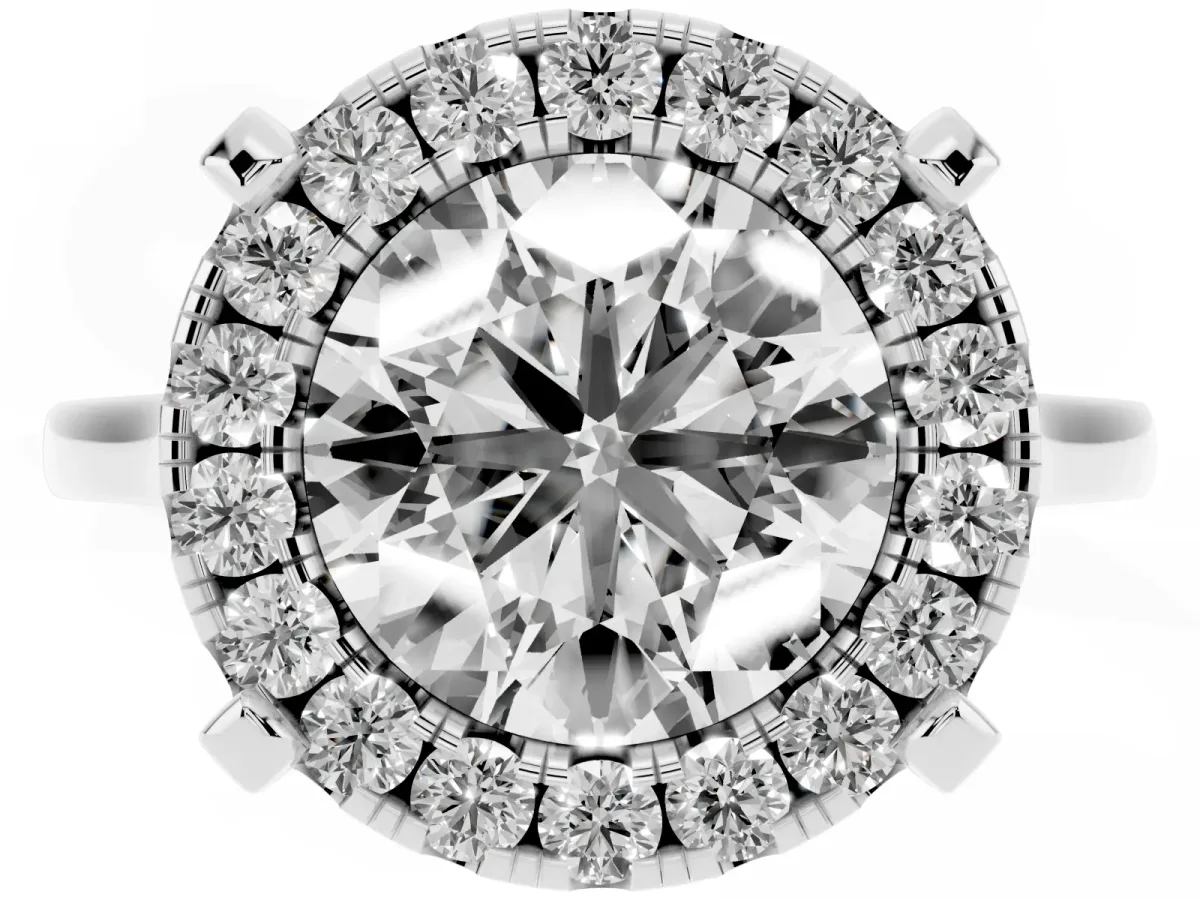 Round Cut Diamond Cluster Halo Solitaire with Four-Prong Setting Silver