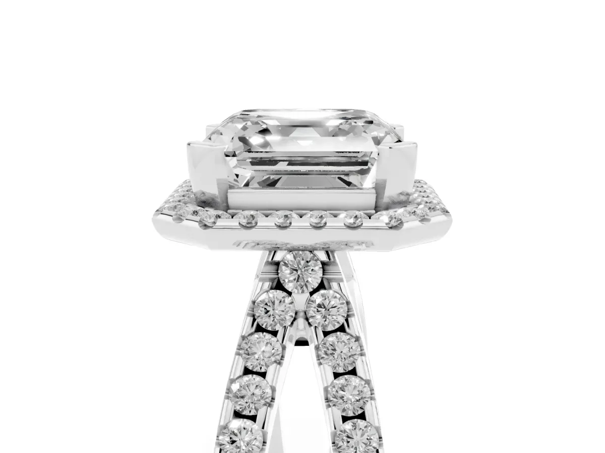 Asscher Cut Diamond Halo Ring with Split Shank Pavé Band and Prong Setting Silver
