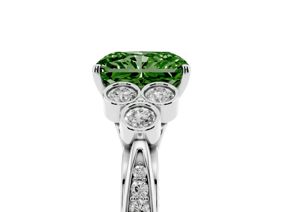Fancy Green Radiant Cut Cut Diamond Engagement Ring with Bezel Set Round Side Stones and Prong Setting Silver