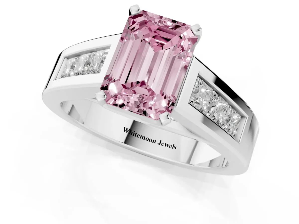 Fancy Pink Emerald Cut Cut Channel Set Solitaire Ring with Four-Prong Setting Platinum