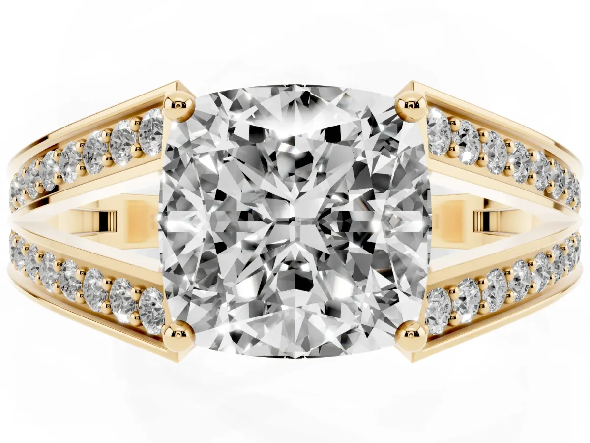 Cushion Cut Diamond Split Shank Ring with Pavé Band and Four-Prong Setting Yellow gold