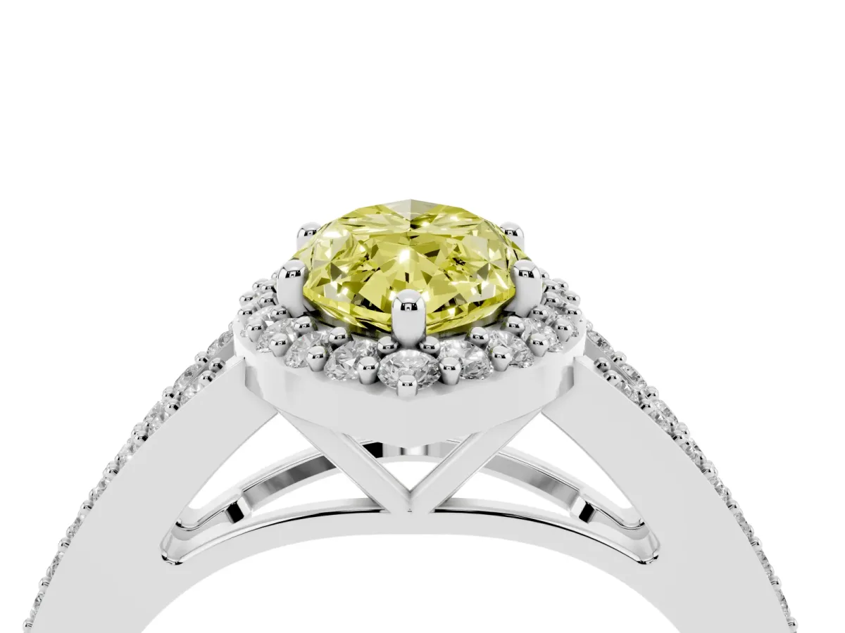 Fancy Yellow Marquise Cut Halo Split Shank Pave Diamond Ring with Four-Prong Setting Silver