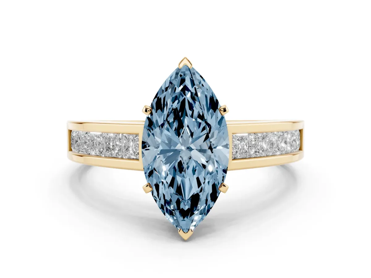 Fancy Blue Marquise Cut Solitaire Diamond Ring with Channel-Set Band and Four-Prong Setting Yellow gold