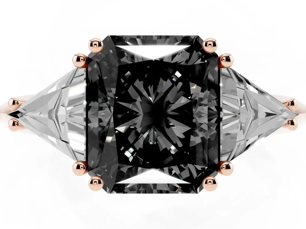 Fancy Black Three-Stone Radiant Cut Diamond Engagement Ring with Trillion Side Stones and Prong Setting Rose gold