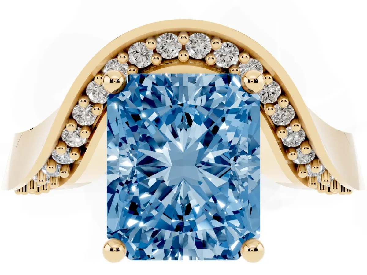 Fancy Blue Radiant Cut Solitaire Diamond Engagement Ring with Pave Band and Four-Prong Setting Yellow gold