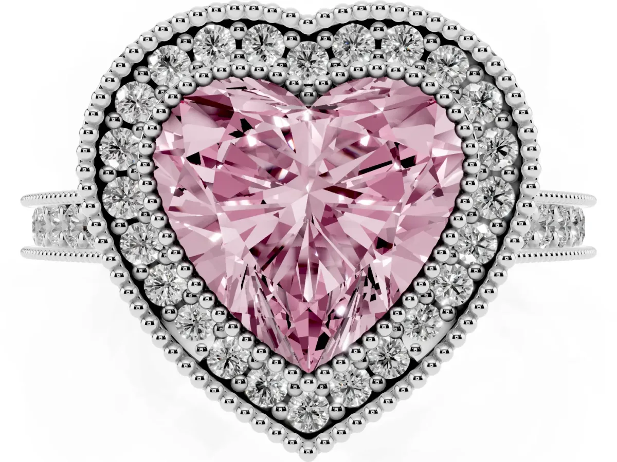 Fancy Pink Halo Heart Cut-Cut Diamond Pave Band Milgrain Prong Setting Ring White gold