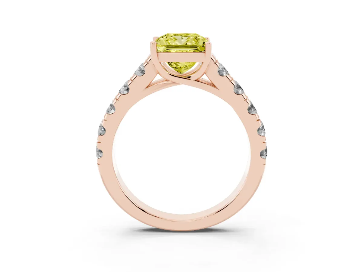 Fancy Yellow Princess Cut Cut Diamond Solitaire Ring with Micro Pave Band and Prong Setting Rose gold