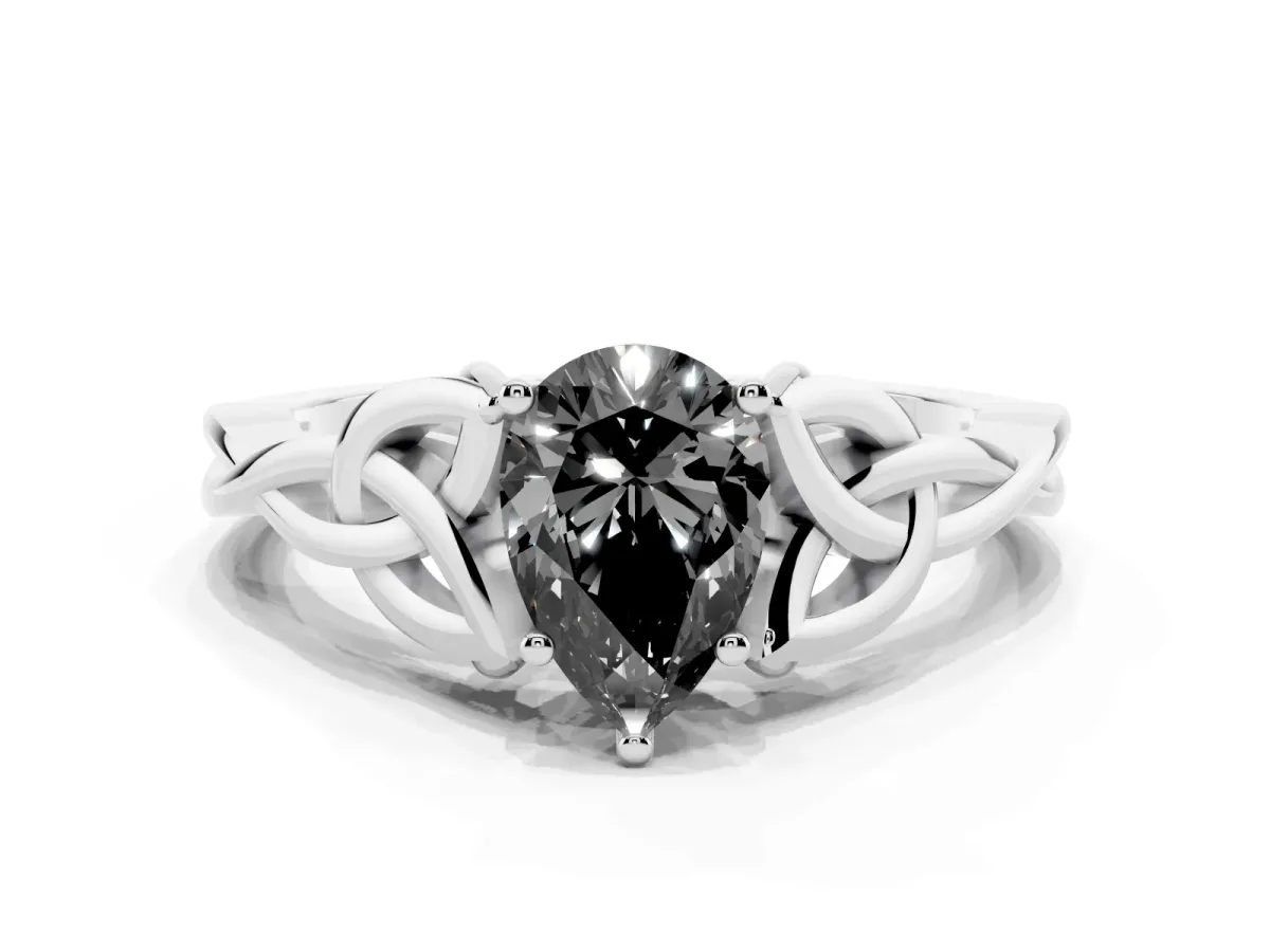 Fancy Black Pear Cut Diamond Solitaire Engagement Ring with Celtic Knot Band and Four-Prong Setting Silver