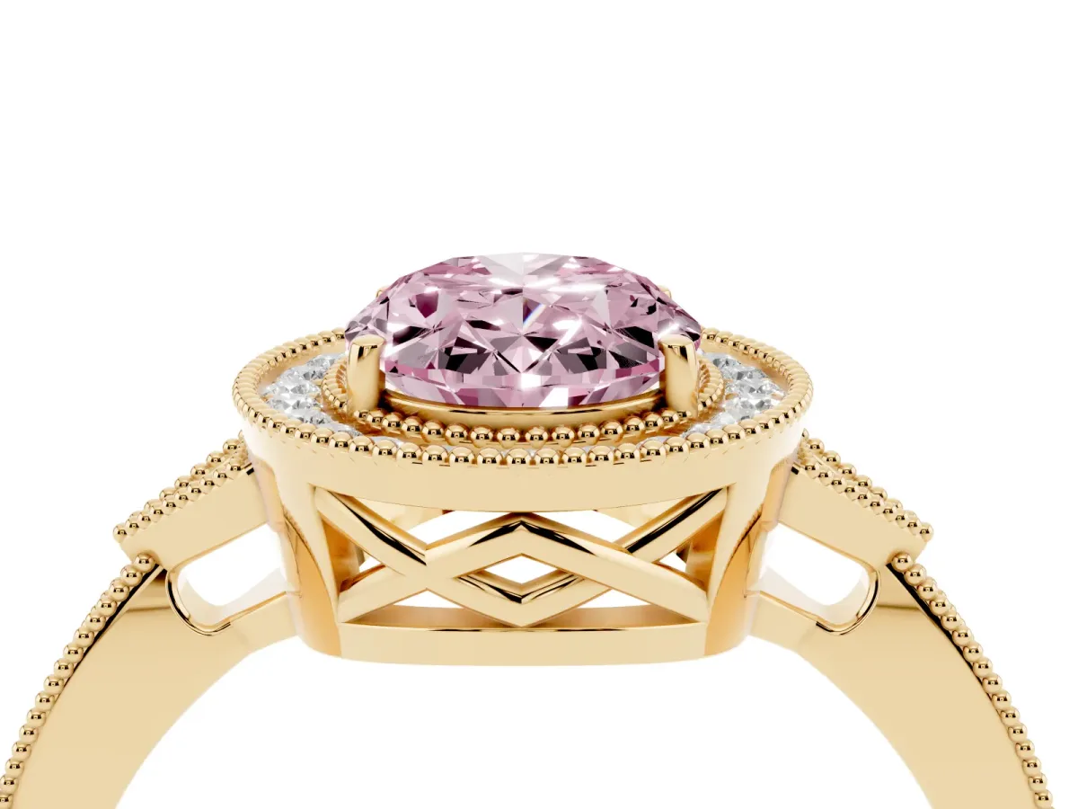 Fancy Pink Oval Cut Halo Round Diamond Milgrain Pave Engagement Ring Yellow gold